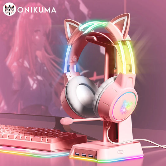 ONIKUMA X15 Pro cat ear led gaming head phones wired with detachable mic